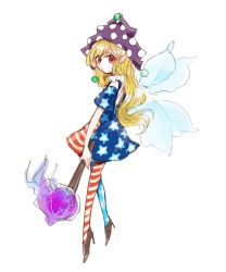 Rule 34 | 1girl, american flag legwear, american flag print, american flag shirt, blonde hair, blue pants, blue shirt, blue sleeves, brown footwear, closed mouth, clownpiece, fairy wings, fire, flying, hair between eyes, hat, highres, jester cap, long hair, looking at viewer, multicolored clothes, multicolored pants, multicolored shirt, pants, pantyhose, print shirt, purple fire, purple hat, red eyes, red pants, red shirt, shirt, shoes, short sleeves, simple background, solo, star (symbol), star print, striped clothes, striped legwear, striped pantyhose, striped shirt, tama (hiroshige 36), torch, touhou, white background, wings