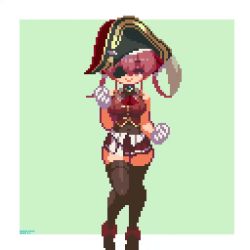 Rule 34 | 1girl, :d, ^ ^, animated, bare shoulders, bouncing breasts, breasts, closed eyes, dancing, eyepatch, gloves, hat, hololive, houshou marine, large breasts, leotard, leotard under clothes, long hair, open mouth, pirate hat, pixel art, red hair, ribbon, sakuemon, see-through, see-through leotard, simple background, skirt, smile, solo, thighhighs, twintails, video, virtual youtuber