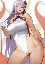 Rule 34 | 1girl, absurdres, bare shoulders, bb (fate), bb (fate) (all), bb (swimsuit mooncancer) (fate), bb (swimsuit mooncancer) (third ascension) (fate), blush, breasts, covered navel, dark-skinned female, dark skin, fate/grand order, fate (series), gloves, hair ribbon, highleg, highleg leotard, highres, large breasts, leotard, long hair, looking at viewer, neck ribbon, open mouth, purple eyes, purple hair, red ribbon, ribbon, smile, tan, tentacles, thighs, very long hair, white gloves, white leotard, yoshio (55level)