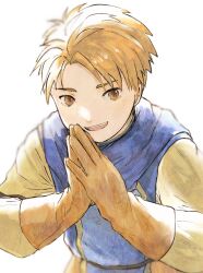 Rule 34 | 1boy, brown eyes, brown hair, gensou suikoden, gensou suikoden i, gloves, highres, korunosabu, long sleeves, looking at viewer, male focus, open mouth, own hands together, short hair, simple background, smile, solo, ted (suikoden), white background