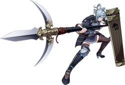 Rule 34 | 1girl, artist request, breasts, brown thighhighs, detached sleeves, full body, gassantoda (oshiro project), hair between eyes, hair ornament, holding, holding polearm, holding spear, holding weapon, large breasts, official art, oshiro project:re, oshiro project:re, pencil skirt, polearm, shield, silver hair, skirt, solo, spear, sunrise stance, thighhighs, transparent background, weapon