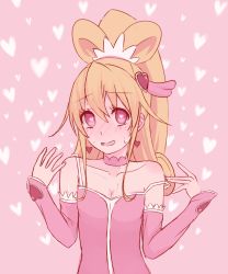 Rule 34 | 1girl, aida mana, blonde hair, blush, breasts, choker, cleavage, collarbone, cure heart, detached sleeves, dokidoki! precure, earrings, embarrassed, hair between eyes, hair ornament, heart, heart-shaped pupils, heart background, heart earrings, heart hair ornament, high ponytail, jewelry, long hair, long sleeves, looking at viewer, off shoulder, open mouth, pink background, pink choker, pink eyes, pink shirt, pink sleeves, precure, shirt, sleeveless, sleeveless shirt, small breasts, solo, symbol-shaped pupils, unpale, upper body, very long hair, wavy mouth