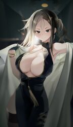 Rule 34 | 1girl, absurdres, armpits, black dress, black eyes, black gloves, black hair, black thighhighs, blue archive, breasts, china dress, chinese clothes, cleavage, dress, earrings, gloves, highres, jewelry, kai (blue archive), lab coat, large breasts, long hair, multicolored hair, sayun (5 to 16 ), side slit, single earring, solo, thighhighs, two-tone hair, white hair