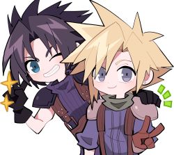 Rule 34 | 2boys, arm around neck, armor, belt, black gloves, black hair, blonde hair, blue eyes, blue shirt, brown gloves, chibi, cloud strife, crisis core final fantasy vii, earrings, final fantasy, final fantasy vii, gloves, green scarf, grey eyes, grin, hair between eyes, hand on another&#039;s shoulder, highres, jewelry, male focus, multiple boys, one eye closed, scarf, shinra infantry uniform, shirt, short hair, shoulder armor, simple background, single earring, sleeveless, sleeveless turtleneck, sleeves rolled up, smile, sparkle, spiked hair, square enix, suspenders, teeth, ttnoooo, turtleneck, upper body, v, white background, zack fair