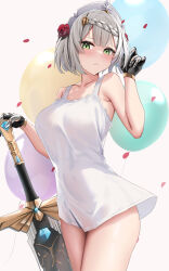 Rule 34 | 1girl, armored gloves, armpit crease, balloon, braid, breasts, closed mouth, covered navel, cowboy shot, falling petals, flower, genshin impact, gloves, green eyes, grey hair, hair flower, hair ornament, hand up, headdress, highres, large breasts, no pants, noelle (genshin impact), petals, planted, planted sword, planted weapon, red flower, rose petals, shirt, short hair, skai kun, sleeveless, solo, sword, taut clothes, thighs, weapon, white shirt