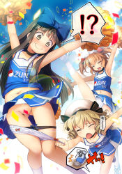 Rule 34 | !?, 3girls, :d, accidental pervert, arm up, armpits, arms up, assisted exposure, black choker, black eyes, black hair, black panties, blonde hair, blue bow, blue skirt, blue sky, blush, bow, buruma, buruma pull, cheerleader, chima q, choker, closed eyes, clothes pull, collarbone, commentary request, confetti, convenient censoring, day, drill hair, fairy wings, fang, gluteal fold, hair bow, hat, highres, large bow, leg up, luna child, midriff, multiple girls, navel, nervous sweating, open mouth, outdoors, outstretched arm, panties, panty pull, pleated skirt, pom pom (cheerleading), skirt, sky, smile, star sapphire, sunny milk, sweat, tank top, thigh gap, touhou, tripping, underwear, wings