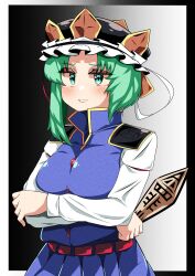 Rule 34 | 1girl, absurdres, arms under breasts, asymmetrical hair, black background, black hat, blue vest, blush, breasts, buttons, commentary request, epaulettes, frilled hat, frills, gradient background, green eyes, green hair, grey background, grin, hat, highres, kurodani yamame, long sleeves, looking at viewer, medium breasts, one-hour drawing challenge, rinyamame, rod of remorse, shiki eiki, shirt, short hair, smile, solo, touhou, upper body, vest, white shirt