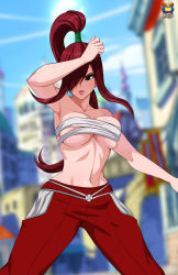 Rule 34 | 1girl, absurdres, bandages, bandages around chest, blurry, blurry background, blush, breasts, brown eyes, cloud, erza scarlet, fairy tail, highres, kyoffie, large breasts, long hair, navel, outdoors, parted lips, ponytail, red hair, sky, solo, standing