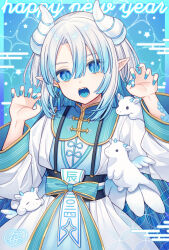 Rule 34 | 1girl, animal, blue background, blue eyes, blue hair, blue nails, chinese zodiac, claw pose, commentary request, dragon, dragon girl, dragon horns, dress, earrings, egasumi, fangs, gradient hair, grey hair, hands up, happy new year, highres, horns, jewelry, karokuchitose, lolita fashion, long hair, long sleeves, looking at viewer, multicolored hair, nail polish, new year, open mouth, original, pointy ears, qi lolita, scales, solo, star (symbol), very long hair, white dress, wide sleeves, year of the dragon