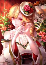 Rule 34 | 1girl, adjusting earrings, azur lane, bad id, bad pixiv id, blonde hair, center frills, drill hair, earrings, flower, frills, hat, hat flower, highres, japanese clothes, jewelry, kimono, light smile, long hair, looking at viewer, mini hat, neconel, off shoulder, official alternate costume, pink eyes, pink flower, pink rose, red flower, red rose, richelieu (azur lane), richelieu (evergreen prophecy) (azur lane), rose, side drill, single drill, solo, tilted headwear, wallpaper (object), white kimono