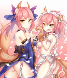 Rule 34 | 10s, 2girls, :d, animal ears, animal hands, apron, arm garter, ass, bare shoulders, bell, black bow, blue hair, bow, breast press, breasts, bridal garter, cat hair ornament, cleavage, closed mouth, collar, cowboy shot, detached collar, detached sleeves, eyebrows, fang, fate/extra, fate/grand order, fate (series), fox ears, fox tail, frills, from side, gloves, gradient background, gradient hair, hair bow, hair ornament, hair ribbon, heart, heart hands, heart hands duo, highres, japanese clothes, long hair, looking at viewer, maid headdress, multicolored hair, multiple girls, naked apron, neck bell, no panties, obi, open mouth, paw gloves, paw shoes, petals, pink background, pink hair, red ribbon, revision, ribbon, ribbon-trimmed legwear, ribbon trim, sash, shoes, sideboob, smile, symmetrical docking, tail, tamamo (fate), tamamo cat (fate), tamamo cat (third ascension) (fate), tamamo no mae (fate/extra), tassel, thighhighs, twintails, white apron, white legwear, white ribbon, yellow eyes, yuemanhuaikong