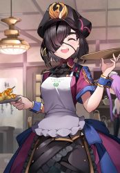 Rule 34 | 2girls, absurdres, apron, bare shoulders, black hair, black headwear, black necktie, black sleeves, detached sleeves, door, dress, eyepatch, closed eyes, fate/grand order, fate (series), food, hair over one eye, hat, highres, holding, holding plate, holding tray, indoors, long hair, maid headdress, medusa (fate), medusa (rider) (fate), military hat, multiple girls, mysterious ranmaru x (fate), necktie, one eye covered, open mouth, peaked cap, pink hair, plate, purple dress, sezok, sharp teeth, short hair, short sleeves, smile, teeth, tongue, tray, white apron, wrist cuffs