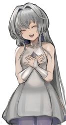 Rule 34 | 1girl, ^ ^, absurdres, blue bow, blue pantyhose, bow, breasts, closed eyes, commentary, crying, dress, english commentary, grey dress, grey hair, gundam, gundam build divers, hand over heart, hands on own chest, highres, kowai (iamkowai), long hair, open mouth, pantyhose, sara (gundam build divers), small breasts, smile, solo, very long hair, white background