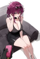 Rule 34 | 1girl, absurdres, black dress, breasts, couch, dress, eyewear on head, heart, highres, honkai: star rail, honkai (series), kafka (honkai: star rail), large breasts, long hair, looking at viewer, masoq, on couch, purple eyes, purple hair, remote control vibrator, sex toy, shirt, solo focus, sunglasses, sweat, vibrator, white background