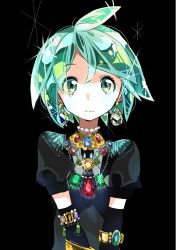 Rule 34 | 10s, ahoge, androgynous, aqua eyes, aqua hair, aqua lips, black background, closed mouth, diamond (gemstone), earrings, gem, gender request, gold, green hair, houseki no kuni, jewelry, lipstick, looking at viewer, makeup, necklace, pearl necklace, phosphophyllite, portrait, puffy short sleeves, puffy sleeves, short hair, short sleeves, simple background, solo, sunameri oishii