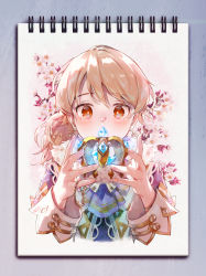 Rule 34 | 1girl, ascot, blonde hair, blush, cherry blossoms, covered mouth, cropped torso, crown, drawing, highres, holding, holding crown, idolmaster, idolmaster cinderella girls, looking at object, mini crown, morikubo nono, okeno kamoku, ponytail, sketchbook, solo, upper body, wrist cuffs