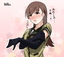 Rule 34 | 1girl, black gloves, blush, brown eyes, brown hair, cherry blossoms, dated, doushi tatsu to dekkai no, elbow gloves, glove pull, gloves, gradient background, heavy breathing, kantai collection, long hair, neckerchief, ooi (kancolle), pink background, solo, sweat, translated, trembling, twitter username, uncommon stimulation, upper body