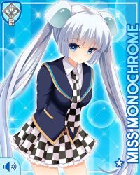 Rule 34 | 1girl, :o, arms behind back, blue background, blue eyes, blue jacket, blunt bangs, card, character name, checker pattern, closed mouth, girlfriend (kari), jacket, miss monochrome, miss monochrome (character), necktie, official art, qp:flapper, school uniform, shirt, skirt, solo, tagme, thighhighs, twintails, white footwear, white hair, white shirt