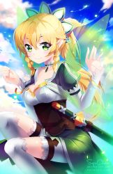 Rule 34 | 10s, 1girl, artist name, blonde hair, blue sky, blush, bracelet, braid, breasts, choker, cleavage, cloud, cloudy sky, collarbone, corset, cowboy shot, dress, elbow gloves, elf, eyebrows, fairy wings, fingernails, gloves, green dress, green eyes, hands up, heart, heart-shaped pupils, highres, jewelry, leafa, long fingernails, looking at viewer, medium breasts, midair, pointy ears, ponytail, puffy short sleeves, puffy sleeves, scabbard, sheath, sheathed, short sleeves, side braid, signature, sky, solo, squchan, sword, sword art online, symbol-shaped pupils, thigh strap, thighhighs, twin braids, watermark, weapon, web address, white gloves, white thighhighs, wings