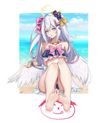 Rule 34 | 1girl, addicted to glitter, azusa (blue archive), barefoot, beach, blue archive, blush, feet, grey hair, highres, long hair, looking at viewer, parted lips, purple eyes, soles, toes, wings