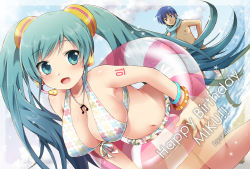 Rule 34 | 1girl, aqua eyes, aqua hair, beach, bikini, blue hair, bracelet, breasts, cleavage, dutch angle, female focus, floral print, front-tie top, hands on own hips, hanging breasts, hatsune miku, headset, innertube, jewelry, kaito (vocaloid), large breasts, long hair, miyano ururu, musical note, navel, necklace, nude, ocean, open mouth, scarf, smile, solo, swim ring, swimsuit, twintails, vocaloid, water