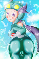 Rule 34 | 10s, 1girl, alternate color, artist request, ass, blush, bodysuit, breasts, cameltoe, cleft of venus, creatures (company), feathers, from behind, game freak, gloves, gym leader, helmet, highres, long hair, looking at viewer, nintendo, poke ball, pokemon, pokemon oras, ponytail, purple eyes, purple hair, shiny clothes, sideboob, smile, solo, very long hair, winona (pokemon)