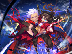Rule 34 | 1boy, 1girl, archer (fate), black hair, blue eyes, carrying, dark skin, dark-skinned male, empew, fate/stay night, fate (series), hair ribbon, long hair, princess carry, ribbon, smile, thighhighs, tohsaka rin, torn clothes, twintails, two side up, white hair