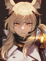 Rule 34 | 1girl, absurdres, animal ear fluff, animal ears, arknights, armor, blonde hair, character name, coat, headset, highres, horse ears, horse girl, implied extra ears, lens flare, long hair, looking at viewer, name tag, nearl (arknights), nearl the radiant knight (arknights), orange eyes, shoulder pads, signature, solo, velephyr, white coat