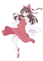 Rule 34 | 1girl, bow, brown eyes, brown hair, commentary, detached sleeves, full body, hair bow, hair tubes, hakurei reimu, hand up, highres, kanpa (campagne 9), long hair, long sleeves, looking at viewer, mary janes, open mouth, red bow, red footwear, red shirt, red skirt, ribbon-trimmed legwear, ribbon-trimmed sleeves, ribbon trim, sarashi, shirt, shoes, simple background, skirt, solo, thighhighs, touhou, white background, white thighhighs, wide sleeves, yellow neckwear
