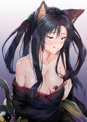 Rule 34 | 1girl, :q, animal ears, bare shoulders, black hair, blush, breasts, cat ears, cat tail, cleavage, hair rings, hairband, high school dxd, highres, japanese clothes, kimono, kuroka (high school dxd), large breasts, long hair, multiple tails, off shoulder, slit pupils, smile, solo, tail, tongue, tongue out, uno ryoku, yellow eyes