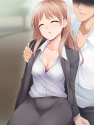 Rule 34 | 1girl, blurry, blurry background, blush, bra, breasts, cleavage, closed eyes, drugged, formal, grey skirt, grey suit, highres, indoors, kaiga, legs, light blush, light brown hair, medium breasts, medium hair, no eyes, nose blush, office lady, original, parted lips, skirt, sleeping, smile, suit, thighs, unbuttoned, unbuttoned shirt, underwear