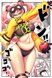 Rule 34 | !, !!, 1boy, 1girl, apple, artist request, ass, betrayal, black gloves, curvy, dr. vegapunk, explosion, food, freckles, fruit, giant, giantess, gloves, hair ornament, highres, holding, holding food, jacket, long hair, looking at another, looking at viewer, navel, old, old man, one piece, revealing clothes, short hair, size comparison, size difference, surprised, thong, twintails, vegapunk york, very long hair, yawning, yellow background