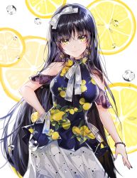 Rule 34 | 1girl, black hair, blue nails, blue shirt, bow, bracelet, bubble, clothing cutout, contrapposto, cowboy shot, earrings, food, fruit, grey skirt, hair between eyes, hair bow, hand on own hip, highres, jewelry, kimpeul, lemon, lemon slice, long hair, looking at viewer, nail polish, original, shirt, shoulder cutout, skirt, sleeveless, sleeveless shirt, solo, sparkle, standing, striped, striped bow, very long hair, water drop, white bow, yellow eyes