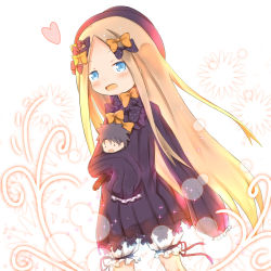 Rule 34 | 1girl, :d, abigail williams (fate), black bow, black dress, black hat, black pants, blonde hair, bloomers, blue eyes, blush, bow, bug, butterfly, character doll, commentary request, dress, fate/grand order, fate (series), forehead, fujimaru ritsuka (male), hair bow, hat, highres, hugging object, insect, long hair, long sleeves, looking at viewer, open mouth, orange bow, pants, parted bangs, polka dot, polka dot bow, sleeves past fingers, sleeves past wrists, smile, solo, su guryu, underwear, very long hair, white bloomers