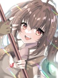 Rule 34 | 1girl, ahoge, antenna hair, brown hair, double-parted bangs, eiyuu densetsu, estelle bright, fingerless gloves, gloves, hair between eyes, holding, holding staff, holding weapon, jewelry, long hair, looking at viewer, natsusechoco, open mouth, red eyes, sen no kiseki, smile, solo, sora no kiseki, sparkle, staff, twintails, weapon