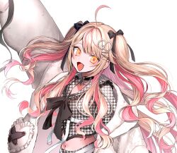 Rule 34 | 1girl, ahoge, arm up, blonde hair, boots, choker, colored inner hair, commentary request, cross-laced footwear, ear piercing, gou moriki, hair flaps, hair intakes, hairpin, heart, heart choker, houndstooth, indie virtual youtuber, jacket, lace-up boots, long hair, long sleeves, multicolored hair, multiple hairpins, open clothes, open jacket, open mouth, oshirase, piercing, pink hair, skirt, smile, solo, swept bangs, thigh boots, thigh strap, twintails, two-tone hair, unmoving pattern, very long hair, virtual youtuber, white background, white jacket, yellow eyes