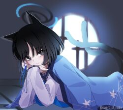 Rule 34 | 1girl, absurdres, animal ears, black eyes, black hair, black sailor collar, blue archive, blue halo, blue neckerchief, blue string, blush, bright pupils, cat&#039;s cradle, cat ears, cat tail, closed mouth, halo, hand rest, haori, highres, indoors, japanese clothes, kikyou (blue archive), kimono on shoulders, looking at viewer, lying, multiple tails, murasame (sword of nmkr), neckerchief, on stomach, sailor collar, sleeves past wrists, smile, solo, string around neck, tail, two tails, white pupils