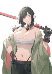 Rule 34 | 1girl, absurdres, bare shoulders, black gloves, black hair, choker, gloves, highres, holding, holding sword, holding weapon, huang (volt0526), long hair, looking at viewer, navel, off shoulder, open mouth, original, red eyes, simple background, sketch, solo, strapless, sword, tube top, twintails, weapon, white background