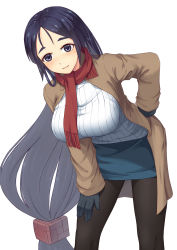 Rule 34 | 1girl, alternate costume, black eyes, black gloves, black hair, black pantyhose, blue skirt, breasts, brown coat, casual, closed mouth, coat, fate/grand order, fate (series), forehead, fringe trim, gloves, hand on own hip, hand on own thigh, hanging breasts, highres, large breasts, leaning forward, legs apart, long hair, long sleeves, looking at viewer, low-tied long hair, minamoto no raikou (fate), open clothes, open coat, pantyhose, parted bangs, red scarf, scarf, simple background, skirt, smile, solo, srwsrx (gp03dsrx), standing, sweater, very long hair, white background, white sweater