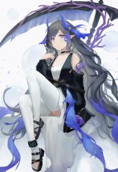 Rule 34 | 1girl, absurdres, ankleband, arknights, black choker, black footwear, black hair, black jacket, blue eyes, choker, clothing cutout, highmore (arknights), highres, infection monitor (arknights), jacket, long hair, pointy ears, sandals, scythe, shoulder cutout, simple background, solo, styx mo yu, thighhighs, thighs, toeless legwear, very long hair, wavy hair, white background, white thighhighs