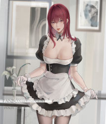 Rule 34 | 1girl, apron, bad id, bad pixiv id, black pantyhose, breasts, cleavage, detached collar, ear piercing, fate/grand order, fate (series), gloves, hair between eyes, half gloves, highres, indoors, large breasts, lifted by self, long hair, looking at viewer, maid, maid apron, pantyhose, parted lips, piercing, purple hair, red eyes, rifu (643763873), scathach (fate), short sleeves, solo, white gloves, wrist cuffs
