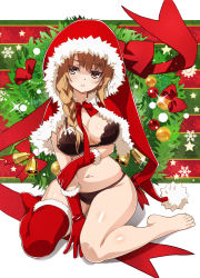 Rule 34 | 1girl, barefoot, bell, black bra, black panties, blush, bow, bra, braid, breasts, brown eyes, brown hair, capelet, christmas, christmas ornaments, christmas tree, closed mouth, commentary request, eyes visible through hair, feet, fur-trimmed capelet, fur-trimmed gloves, fur-trimmed legwear, fur trim, gloves, highres, jingle bell, long hair, medium breasts, navel, nyoro (nyoronyoro000), original, panties, red bow, red capelet, red gloves, red neckwear, red thighhighs, santa costume, single thighhigh, sitting, snowflakes, solo, thighhighs, toes, underwear, wariza, white bow