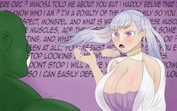 Rule 34 | 1boy, 1girl, absurdres, alternate breast size, black clover, breasts, chillchili, cleavage, colored skin, english text, green skin, highres, huge breasts, noelle silva, orc, talking, text focus, twintails