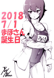 Rule 34 | 1girl, arm grab, artist name, blush, breasts, character name, cleavage, commentary, covered navel, cowboy shot, dated, dress shirt, girls und panzer, greyscale, happy birthday, insignia, leaning forward, long sleeves, looking at viewer, medium breasts, monochrome, name tag, nishizumi maho, no pants, off shoulder, old school swimsuit, one-piece swimsuit, open clothes, open shirt, parted lips, school swimsuit, shirt, short hair, signature, solo, standing, swimsuit, yoyokkun