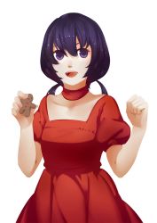 Rule 34 | 1girl, 3four, black hair, choker, clenched hand, d-frag!, dress, funabori, gingerbread man, long hair, low twintails, puffy short sleeves, puffy sleeves, purple eyes, red dress, short sleeves, smile, solo, twintails