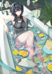 Rule 34 | 1girl, arknights, bathtub, black hair, black shirt, breasts, clothed bath, cocktail glass, cup, drinking glass, feather hair, hair ornament, hairclip, highres, la pluma (arknights), looking at viewer, maria (syake-uni), medium hair, shirt, small breasts, solo, thighs, water
