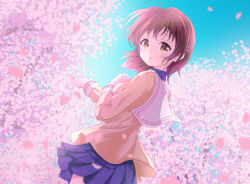 Rule 34 | 1girl, antenna hair, blue skirt, blue sky, blurry, blush, brown eyes, brown hair, cherry blossoms, clannad, commentary request, cowboy shot, day, depth of field, falling petals, floating clothes, floating hair, furukawa nagisa, hair ornament, hairclip, hand up, hato maron, highres, jacket, long sleeves, looking at viewer, looking back, medium hair, miniskirt, open mouth, outdoors, petals, pleated skirt, sailor collar, sidelighting, skirt, sky, solo, standing, white sailor collar, wind, wind lift, yellow jacket
