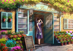 Rule 34 | 1girl, absurdres, apron, arm up, artist name, black hair, blue flower, blurry, blush, book, bookshelf, bookstore, brick wall, brown eyes, brown footwear, collared shirt, commentary, cup, day, depth of field, door, doraemon, doraemon (character), english text, florist, flower, flower shop, hair ribbon, heart, highres, holding, legs together, light rays, long hair, looking away, looking up, mary janes, no socks, original, outdoors, parted lips, photo (object), pink flower, plant, ponytail, potted plant, puddle, purple apron, purple flower, qi==qi, red flower, ribbon, scenery, shading eyes, shirt, shoes, shop, short sleeves, sign, solo, standing, stone floor, storefront, sunlight, tareme, teacup, vase, watering can, white ribbon, white shirt, window, window shutter, wing collar, wooden floor, yellow flower
