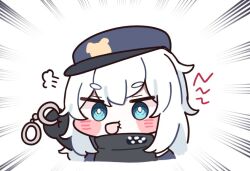 Rule 34 | 1girl, blue eyes, blush stickers, chibi, cuffs, goddess of victory: nikke, handcuffs, hat, holding, holding whistle, long hair, mming (mmingis18), poli (nikke), police, police hat, police uniform, policewoman, sidelocks, solo, uniform, very long hair, wavy hair, whistle, white hair