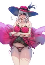 Rule 34 | 1girl, armlet, bare shoulders, bikini, bikini bottom only, bow (bhp), breasts, brown hair, carmilla (fate), carmilla (swimsuit rider) (fate), carmilla (swimsuit rider) (first ascension) (fate), cleavage, clothes lift, commentary request, cowboy shot, curly hair, dress, dress lift, fate/grand order, fate (series), hat, hat feather, large breasts, long hair, looking at viewer, open mouth, red dress, red headwear, silver hair, sun hat, sunglasses, swimsuit, thighs, tinted eyewear, yellow eyes